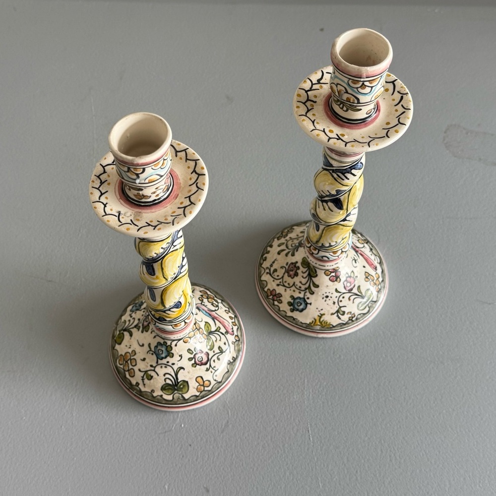 Portuguese Handpainted  Ceramic Candlestick Holders. Numbered & Signed by Artist